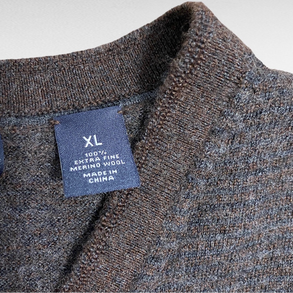Hart Schaffner Marx | Brown Blue Extra Fine Merino Wool Preppy V-Neck Sweater - Picture 2 of 5